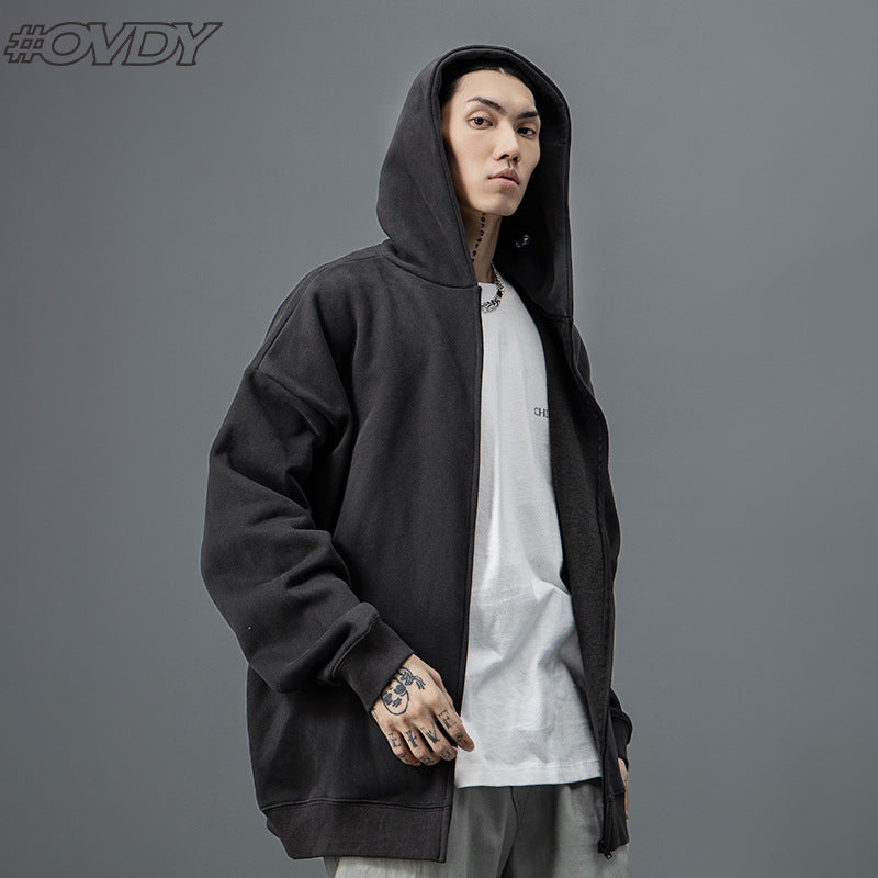 # OVDY men's clothing autumn and winter fleece-lined fashion brand loose casual men's Hooded Zipper Sweatshirt coat thickened warm