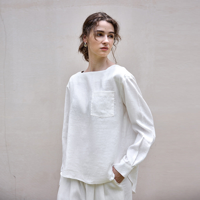 Old Qian style pure linen off-neck long-sleeve women's top 25 autumn and winter loose slimming back buckle design shirt top