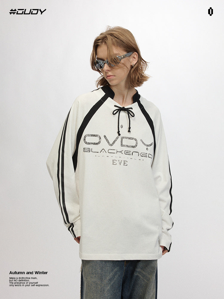 # OVDY 260g heavy contrast color raglan sleeve long sleeve T-shirt autumn and winter New Football collar bottoming shirt top