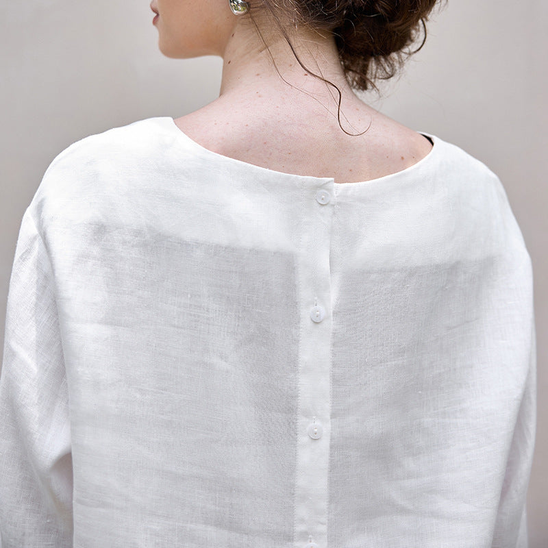 Old Qian style pure linen off-neck long-sleeve women's top 25 autumn and winter loose slimming back buckle design shirt top