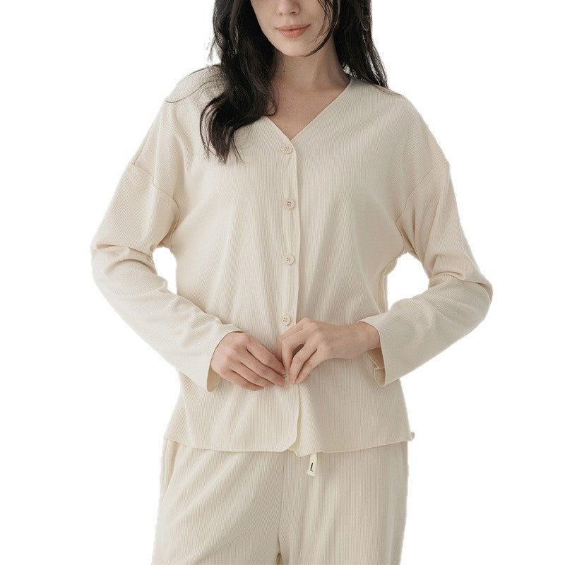 Thread pajamas two-piece set high-grade V-neck single breasted long-sleeved top elastic tied elastic waist wide-leg pants