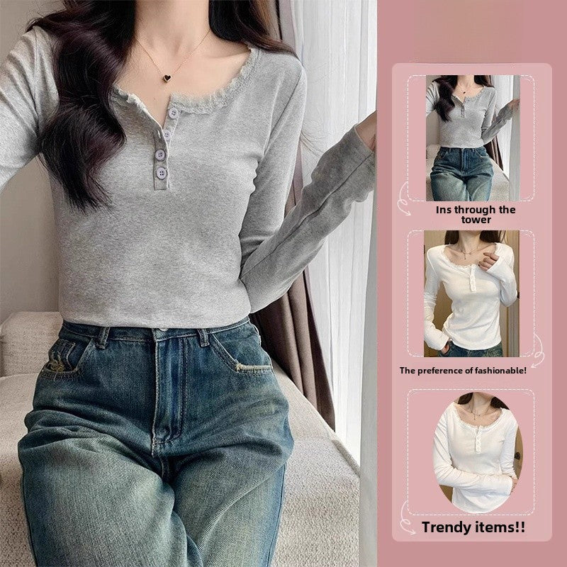 American-style lace lace shoulder long-sleeved T-shirt women's early autumn new square collar inner match slimming top bottoming shirt
