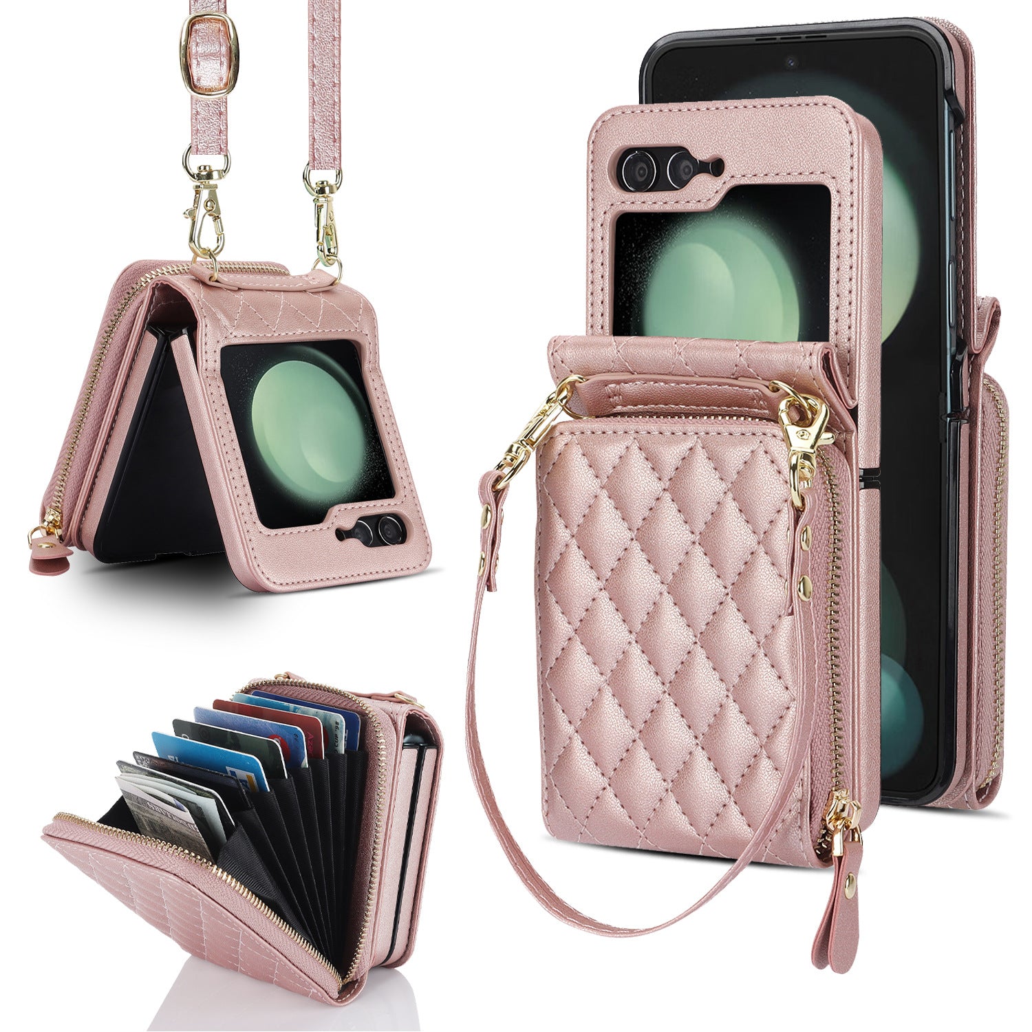 Applicable to Z FLIP5 classic style diamond grid zipper bag veneer shell oblique expanding card holder findn2flip phone case