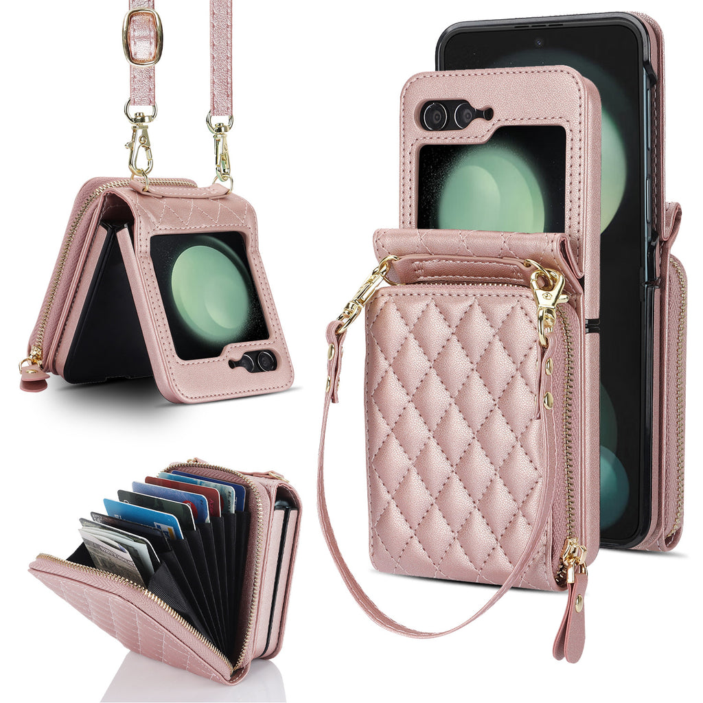 Applicable to Z FLIP5 classic style diamond grid zipper bag veneer shell oblique expanding card holder findn2flip phone case