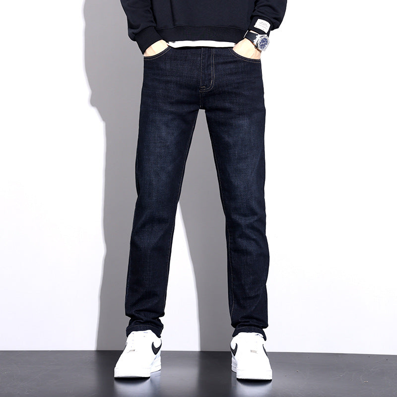 Jeans men's spring and summer straight slim stretch denim trousers men's business mid-high waist jeans thin