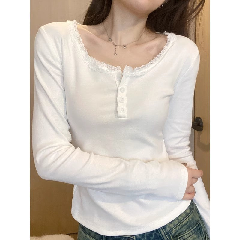 American-style lace lace shoulder long-sleeved T-shirt women's early autumn new square collar inner match slimming top bottoming shirt