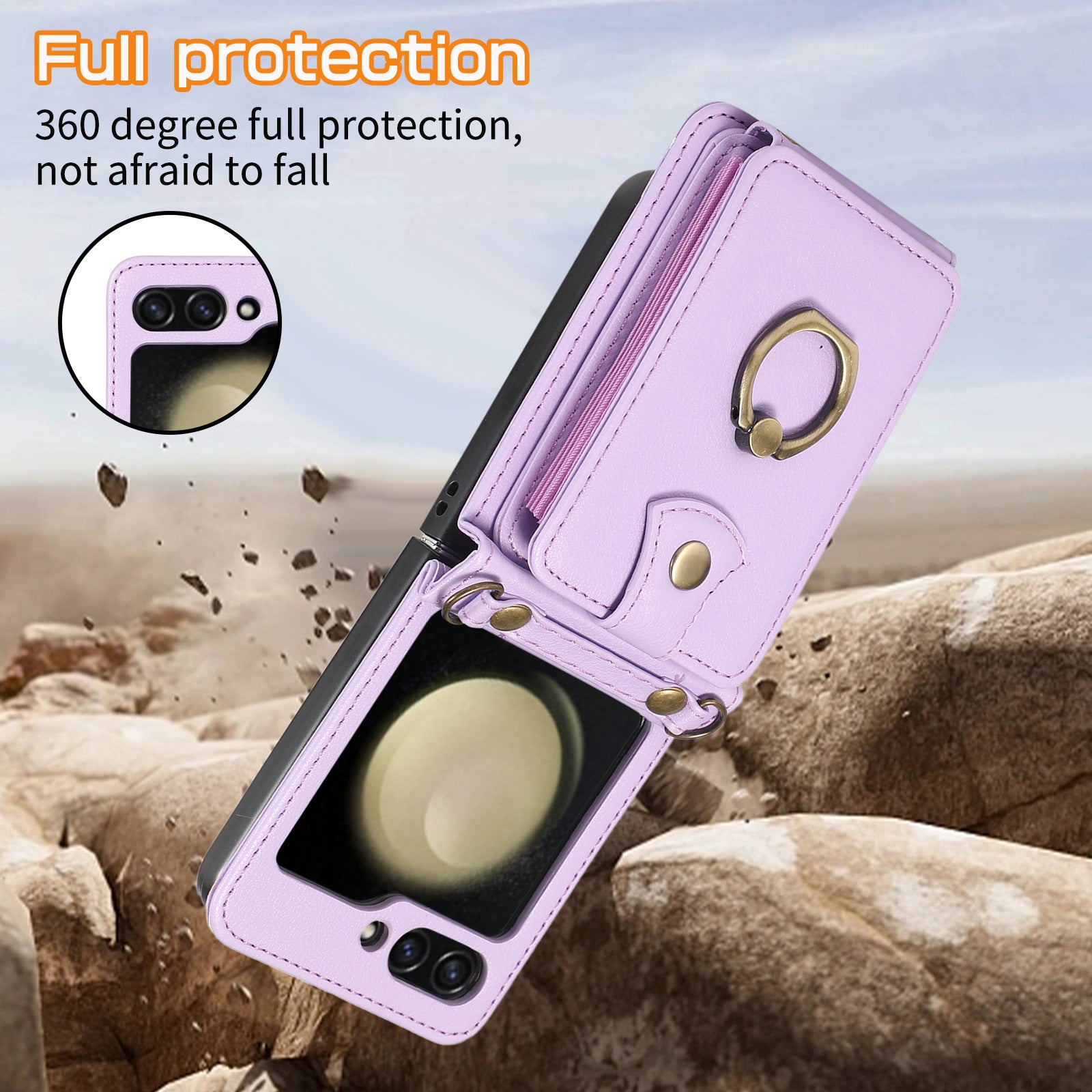Applicable to Z FLIP5 crossbody expanding card holder foldable screen Z flip6 leather case with fastened ring anti-theft swiping function