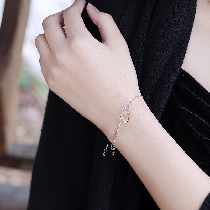 Special-interest design loving heart zircon 925 sterling silver bracelet heart-to-heart connection heart shaped bracelet jewellery silver accessories processing