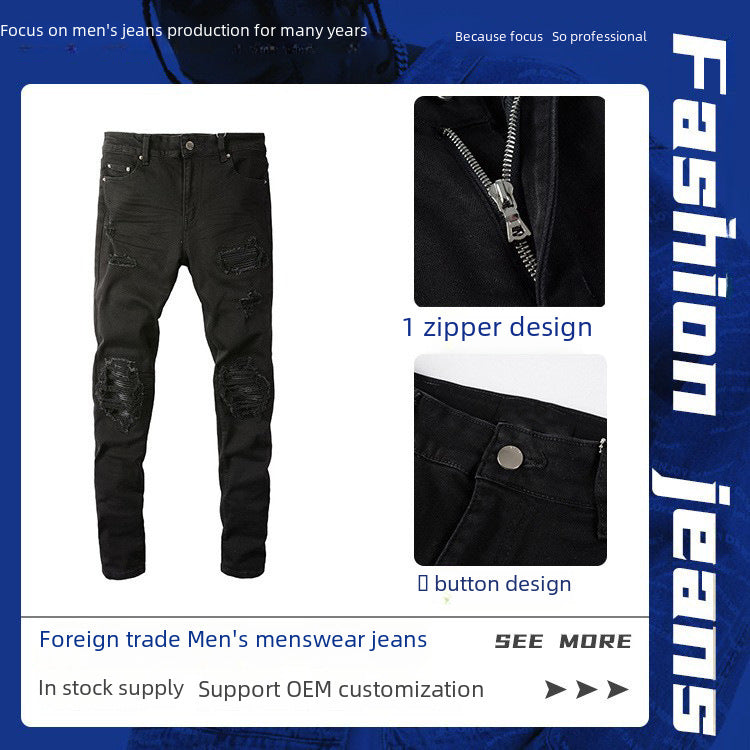 Foreign trade Men's European and American simple black patch jeans men's ripped jeans men's simple slim fit skinny pants