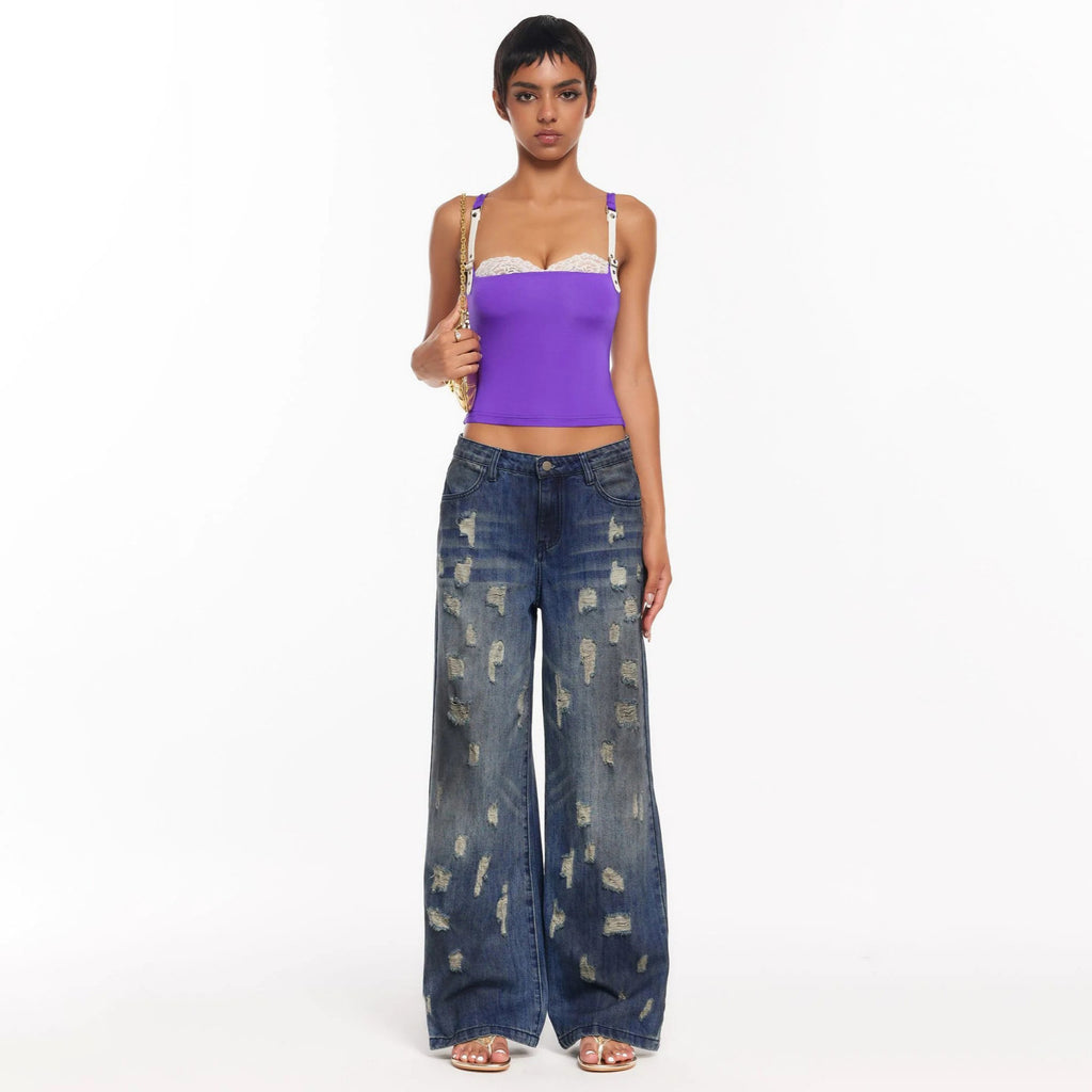 Foreign trade American high street washed worn jeans women 2024 street style retro tattered jeans straight jeans wholesale