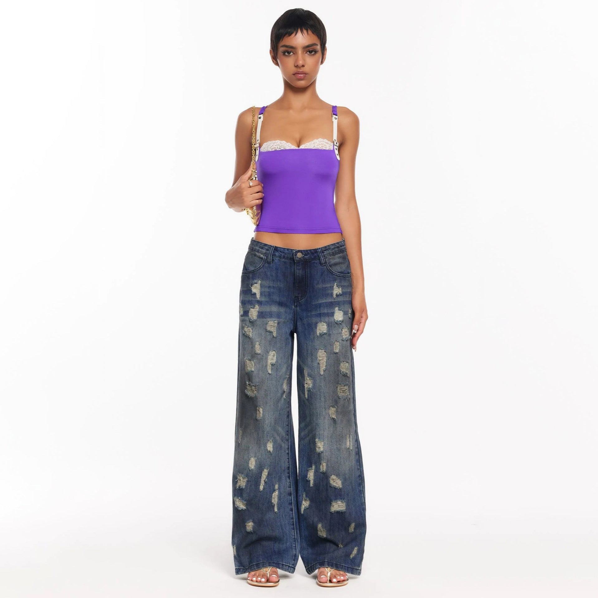 Foreign trade American high street washed worn jeans women 2024 street style retro tattered jeans straight jeans wholesale