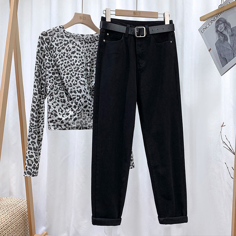 Harem jeans women's fashion trending retro high waist loose Korean style baggy pants all-matching straight ankle-length dad jeans