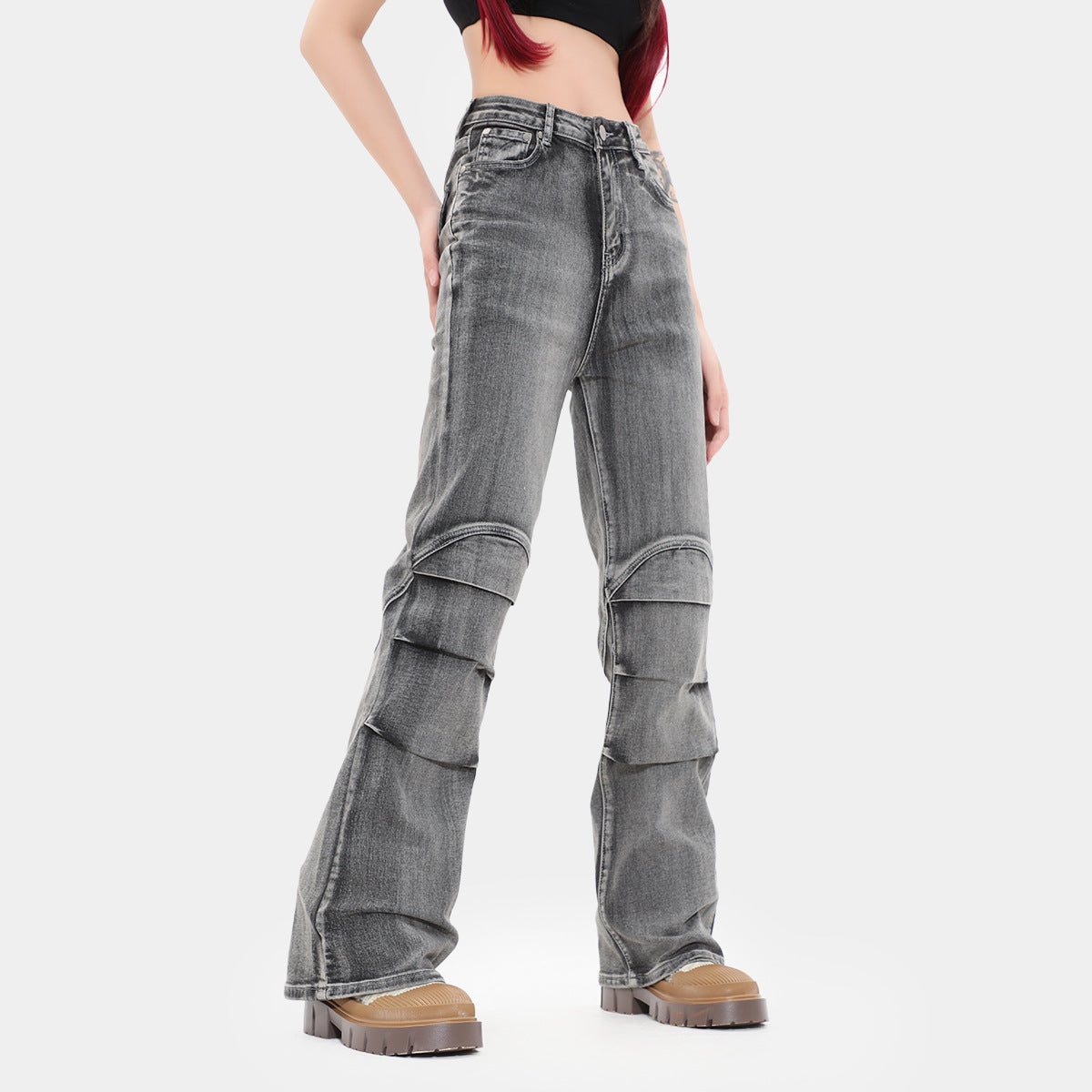 OREETA Retro Patchwork Washed Jeans American Straight Jeans