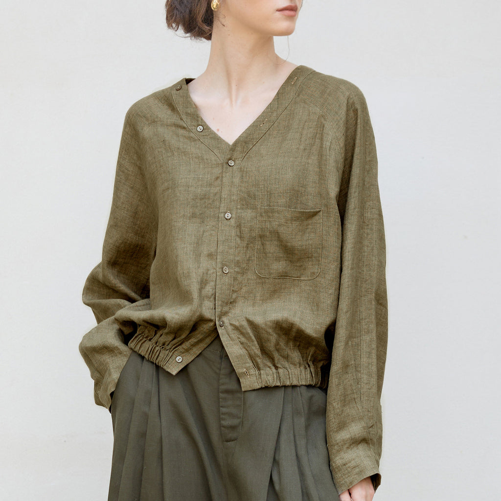 Autumn New all linen V-neck Raglan long-sleeved shirt yarn-dyed craft loose cocoon design old money style shirt