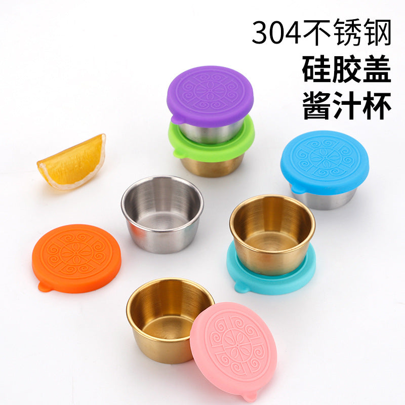 Cross-border 304 stainless steel sauce cup with silicone cover sauce cup outdoor portable tomato salad seasoning saucer dish