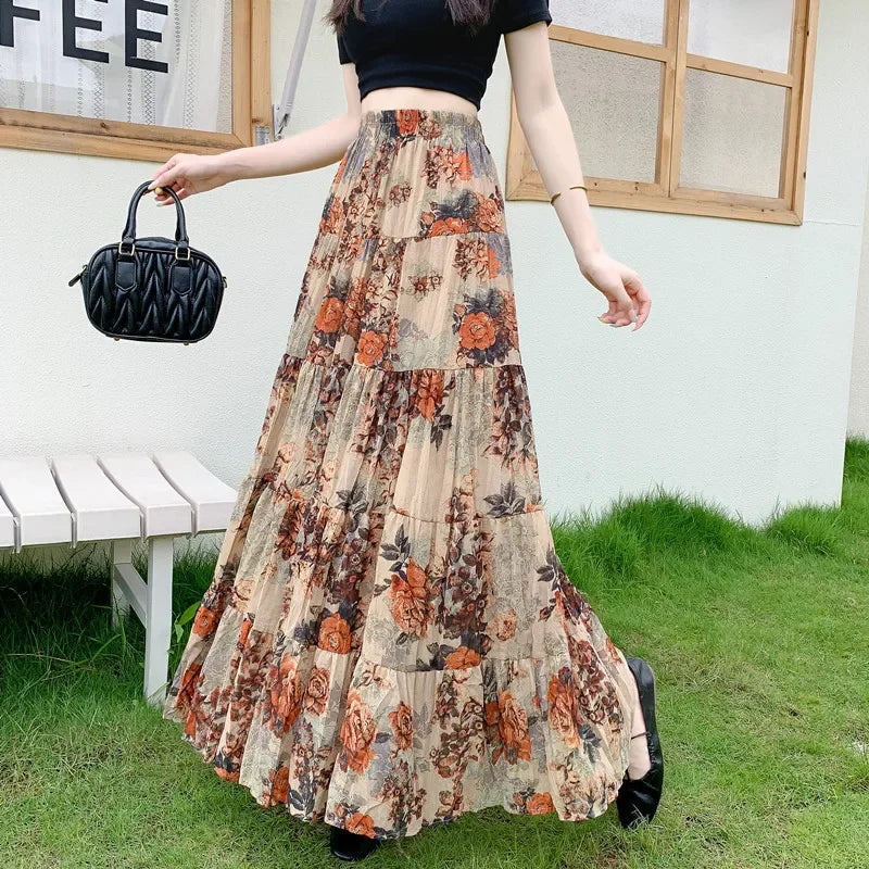 2024 Summer Autumn New Style Korean retro contrast color floral skirt French five-section six-meter pleated all-matching big hem skirt