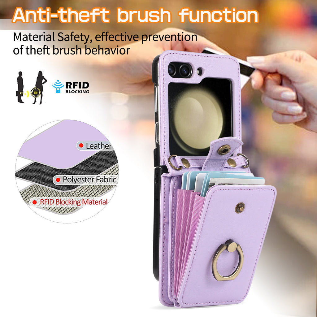 Applicable to Z FLIP5 crossbody expanding card holder foldable screen Z flip6 leather case with fastened ring anti-theft swiping function