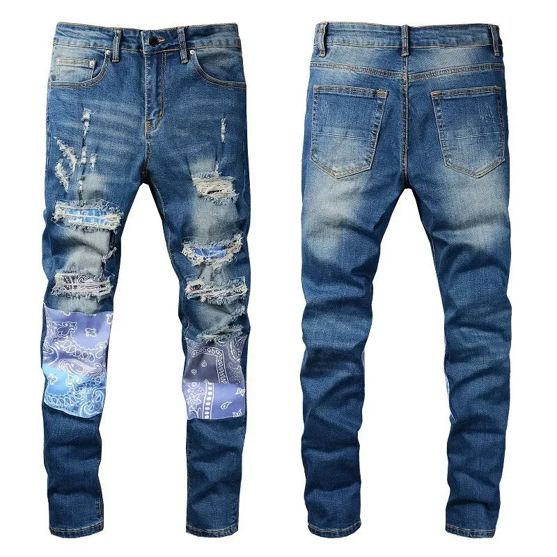 Fashion brand men's jeans slim fit hole & patch men's jeans American high street stretch men skinny pants 832