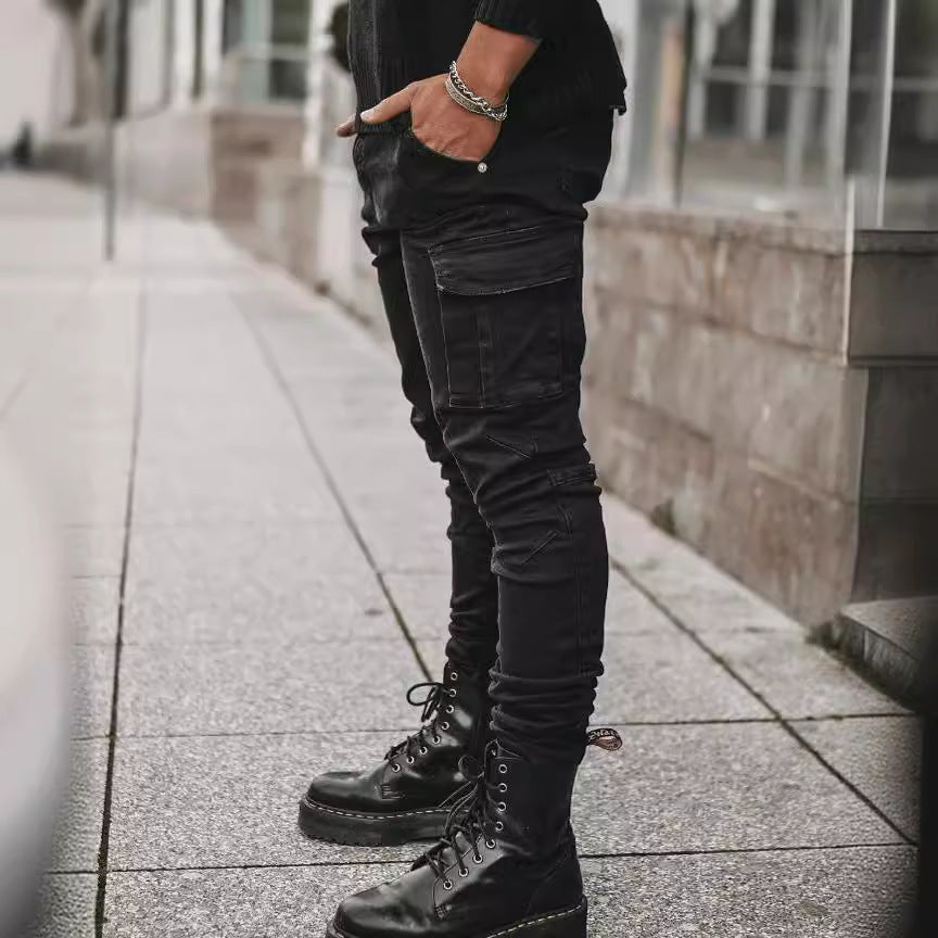 In stock 2021 Europe and America cross border new jeans men's side pocket skinny jeans NK012