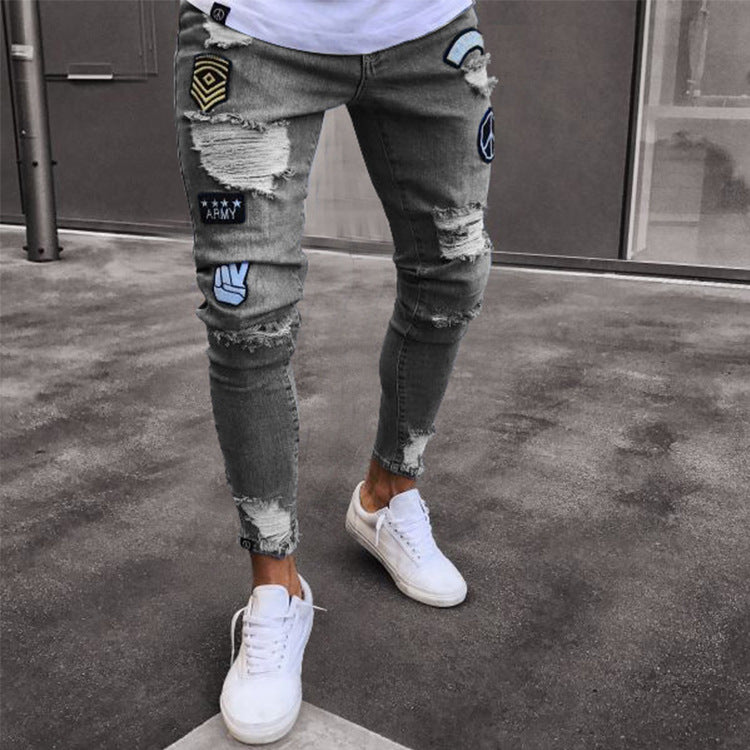 Men's jeans wisheBay feet hot sale jeans men's jeans ripped 4X badge cross-border LS
