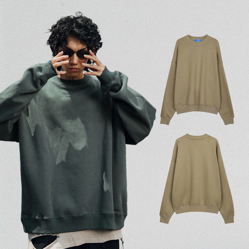 # OVDY autumn and winter menswear fashion brand fleece-lined thick style solid color loose shoulder oversize round neck sweater warm