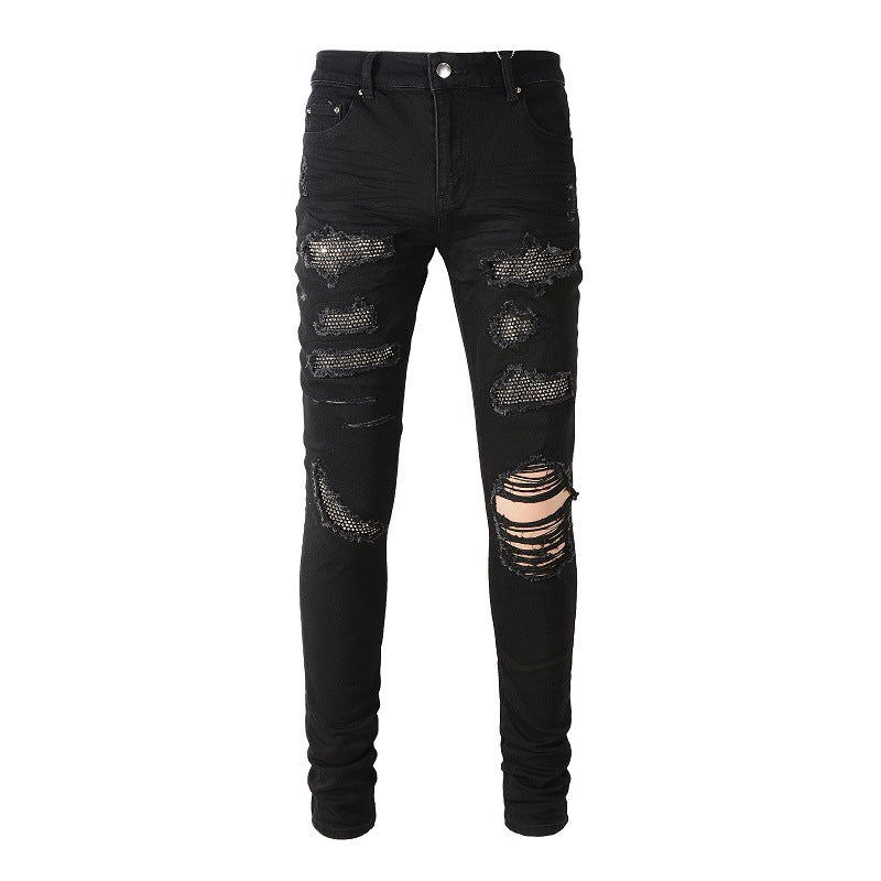 High street cross-border men's jeans men's black ripped stick-on crystals stretch jeans Men's Youth Men's tapered trousers