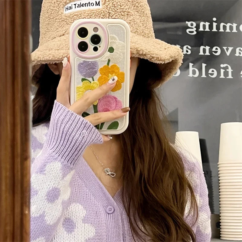 Embroidered flowers for iPhone16promax phone case 15plus protective case 13proamx phone case