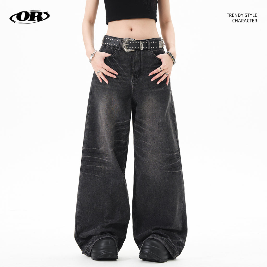 OREETA jeans American retro cat beard washed straight jeans fashion brand loose wide leg heavy jeans