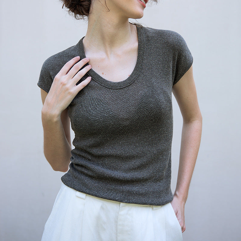 Old Qian style linen knitwear light and transparent autumn crew neck Tencel long-sleeved T-shirt stretch slim women's cotton and linen top
