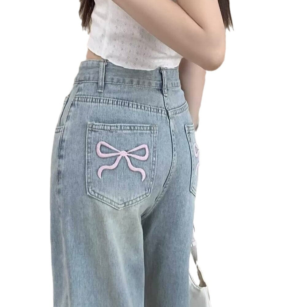 Bowknot embroidered jeans for women 2024 Summer new thin high waist slimming loose straight wide-leg pants autumn