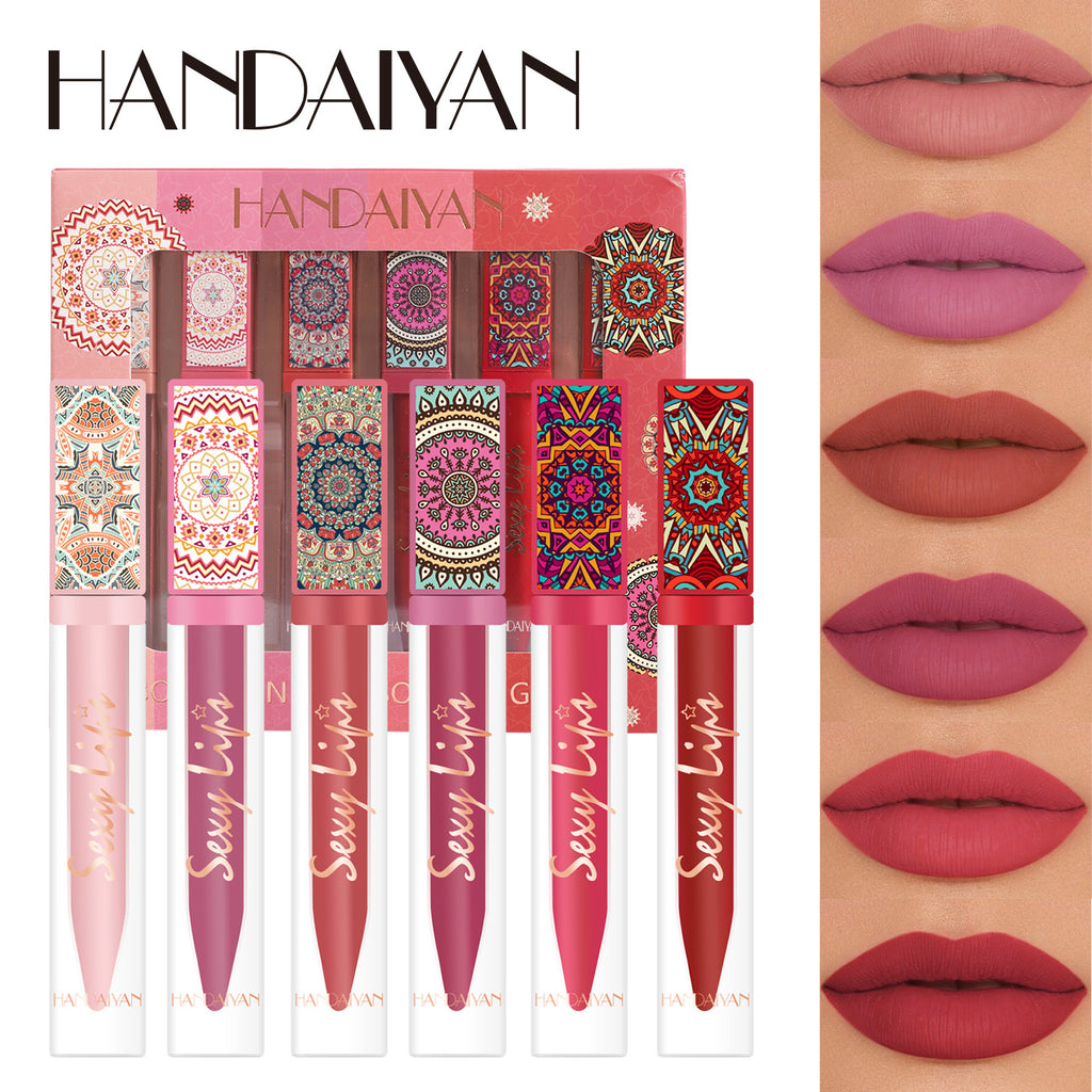 Cross-border handaiyan lipstick 6 colors lip gloss suit long lasting waterproof no stain on Cup matte lip gloss makeup wholesale