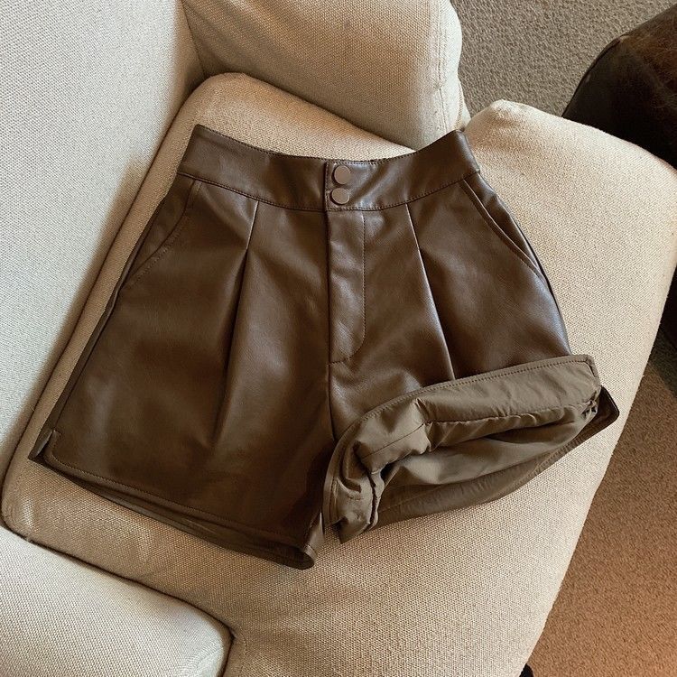PU leather shorts women's 2022 Autumn New elegant hot girl all-match waist slimming and wide leg A- line casual boot pants