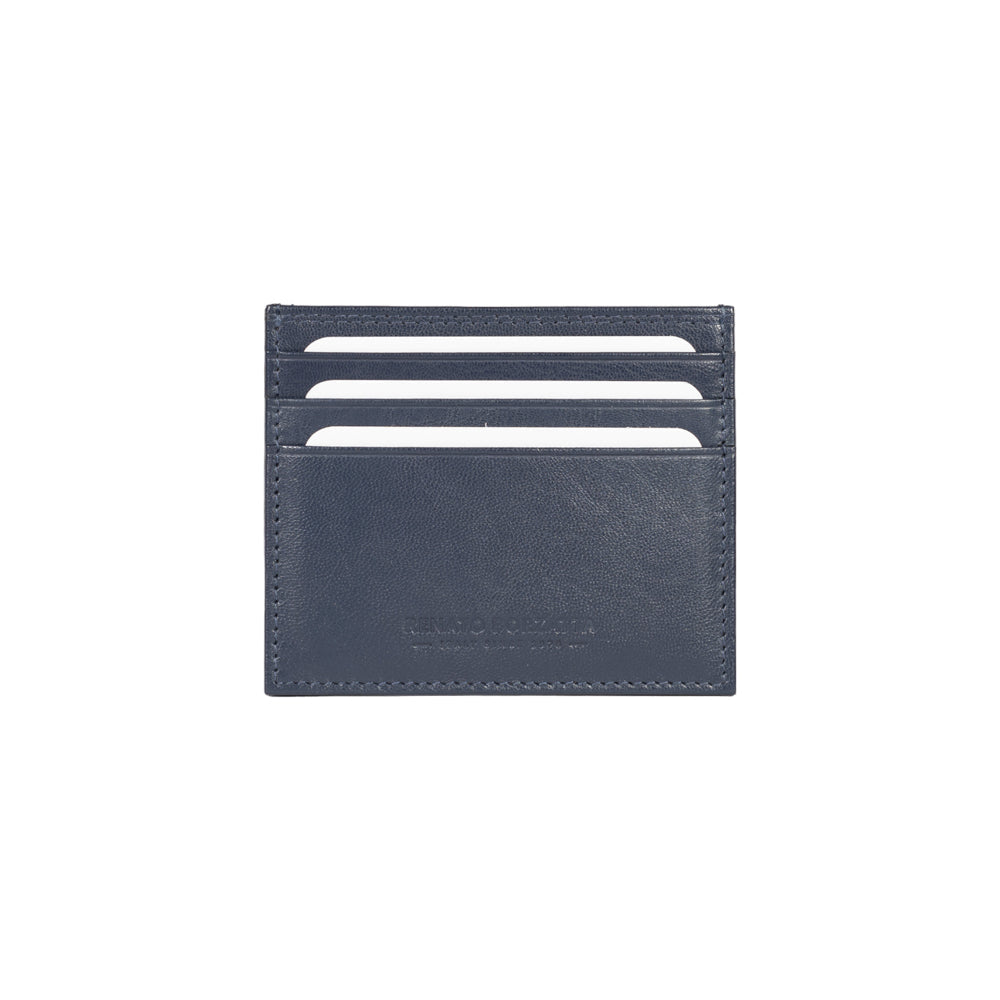RB12016D | Credit Card Holder in genuine full-grain leather, with light grain. Blue color. RFID protection. Size: 10 x 8 x 0.5 cm. Packaging: gift box bottom/cover