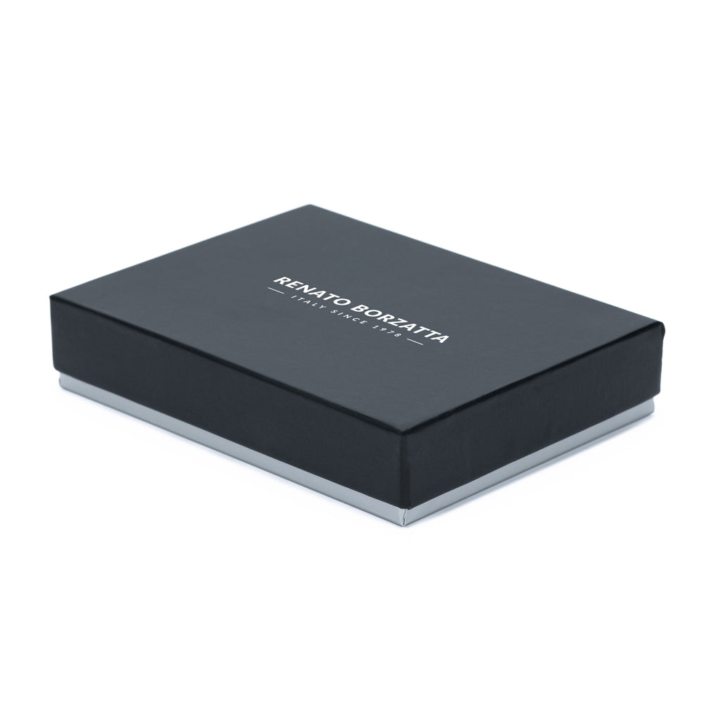 RB12016D | Credit Card Holder in genuine full-grain leather, with light grain. Blue color. RFID protection. Size: 10 x 8 x 0.5 cm. Packaging: gift box bottom/cover