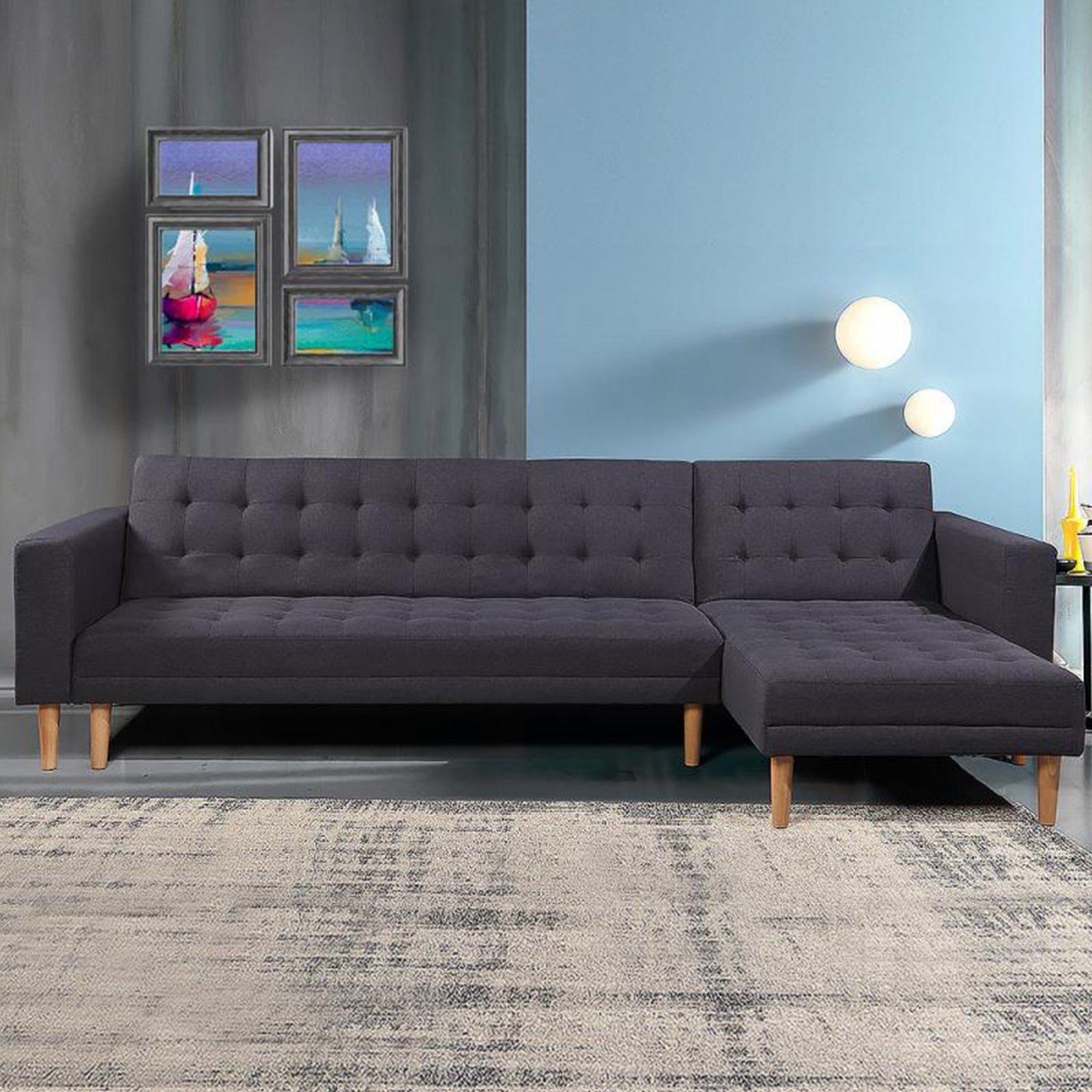 NNEDSZ Sarantino Linen Fabric Corner Sofa Bed Couch Lounge With Chaise Furniture - Dark Grey