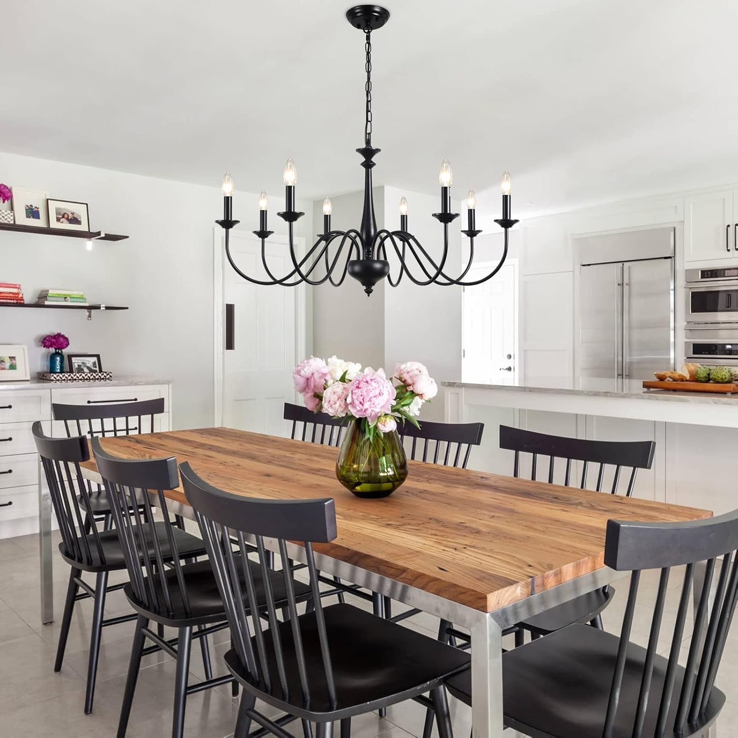 Eight Light Black Farmhouse Chandelier for Dining Room