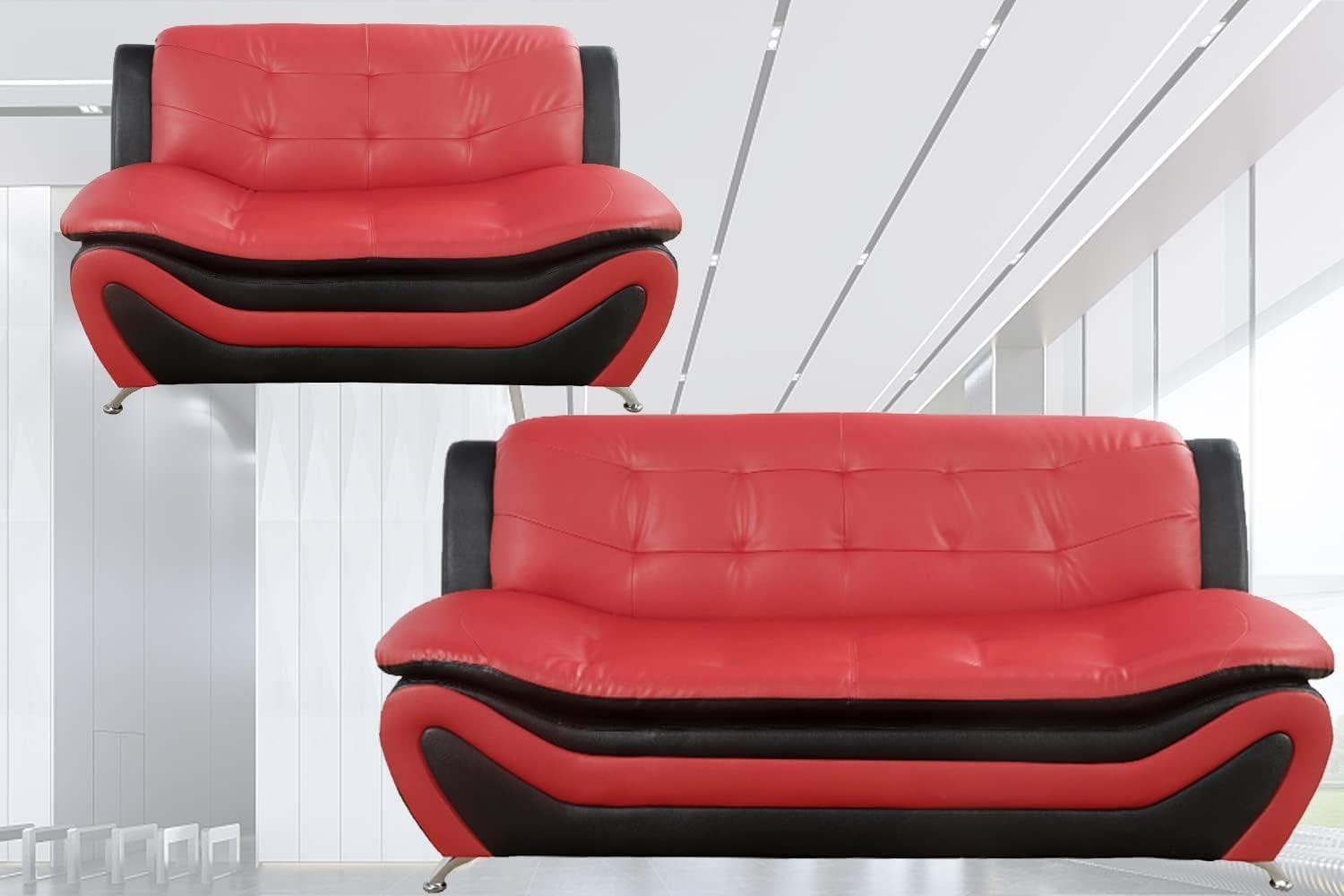 Faux Leather Living Room Sofa Set Red Black Loveseat