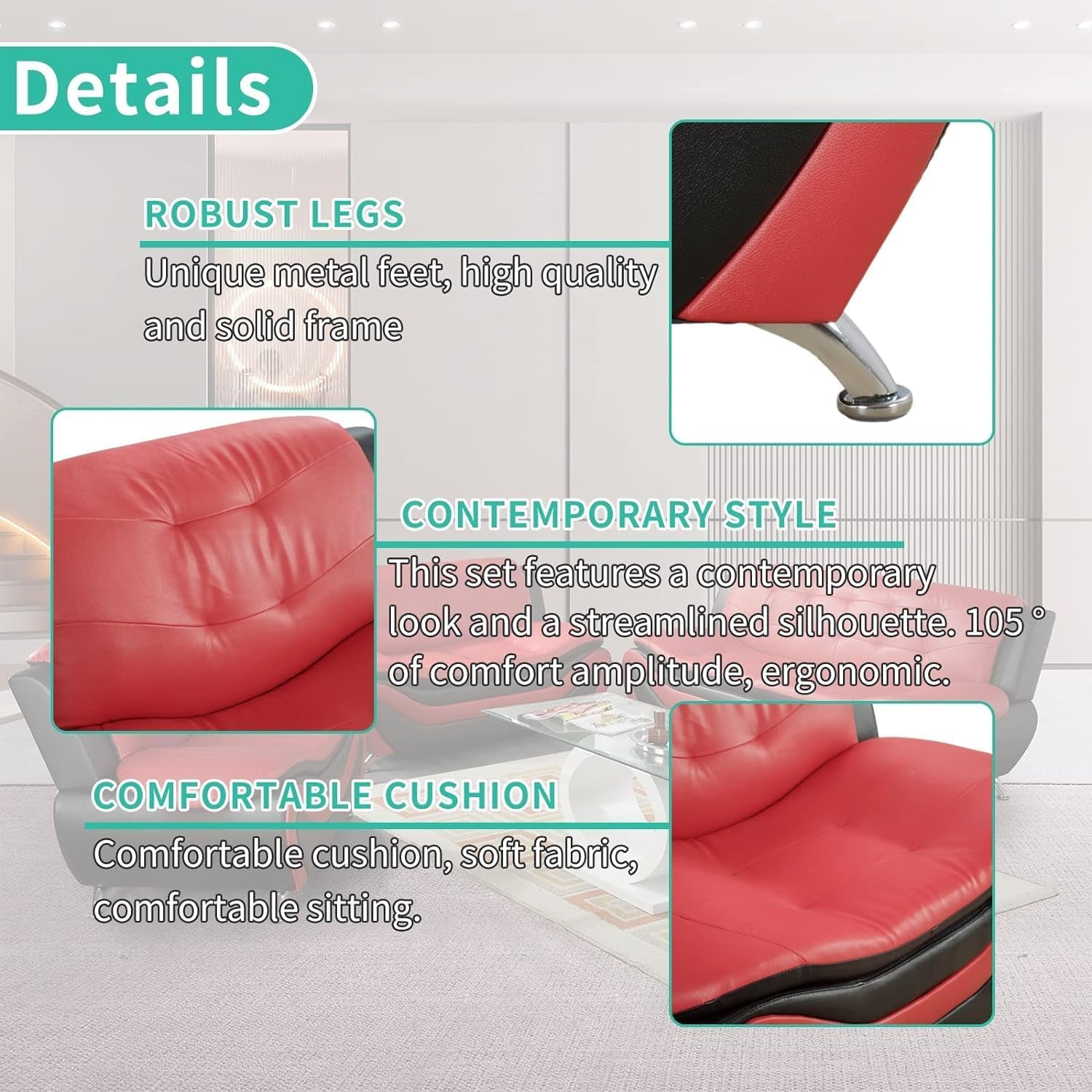 Faux Leather Living Room Sofa Set Red Black Loveseat