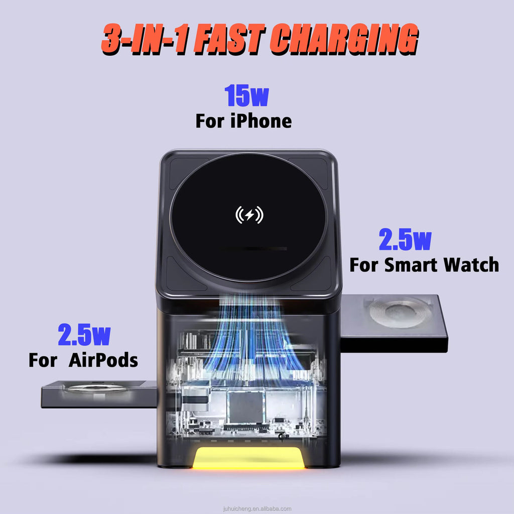 New rotary magnetic adhesive wireless charger for Apple Watch headset 3-in-1 15W fast charge mobile phone stand