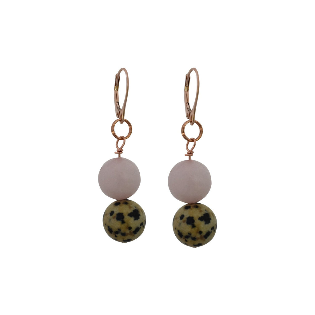 Dalmatian Jasper and Rose Quartz Rose Gold Vermeil, 9k or 18k Rose Gold Earrings, Bloom Collection | by nlanlaVictory