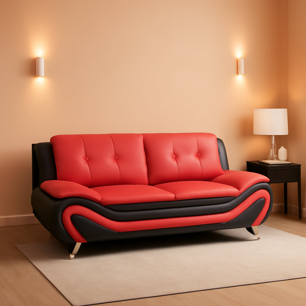 Faux Leather Living Room Sofa Set Red Black Loveseat