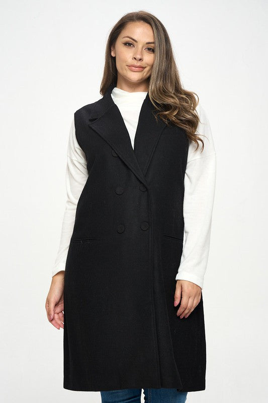 Double Breast Detail Sleeveless Coat with Collar