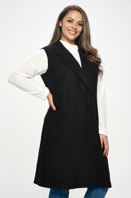 Double Breast Detail Sleeveless Coat with Collar