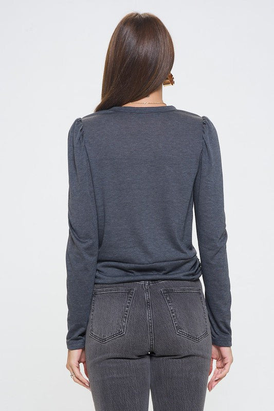 Knit Top with Puff Long Sleeve and Front Twist