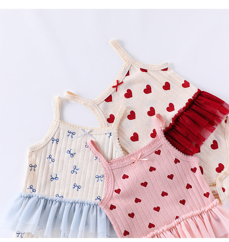 Summer Arrival Baby Girls Sleeveless Heart Pattern Tulle Patchwork bodysuit Bodysuits