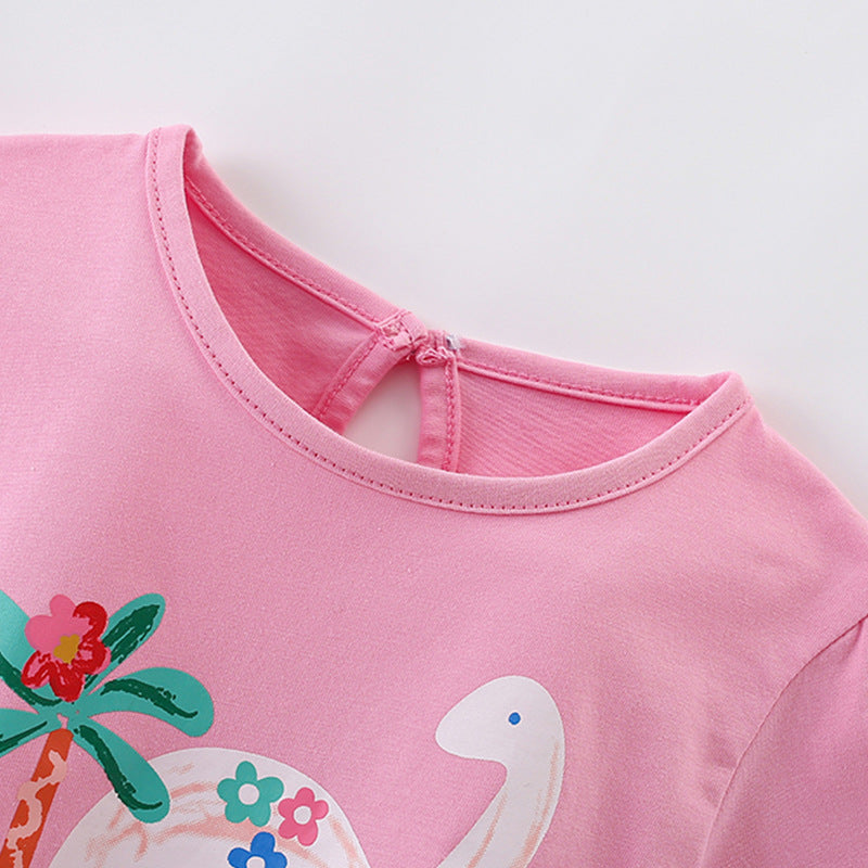 Summer Arrival Girls’ Cartoon Dinosaurs Pattern Short Sleeves Pink T-shirt in European and American Style