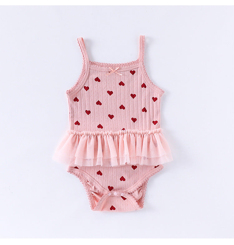 Summer Arrival Baby Girls Sleeveless Heart Pattern Tulle Patchwork bodysuit Bodysuits
