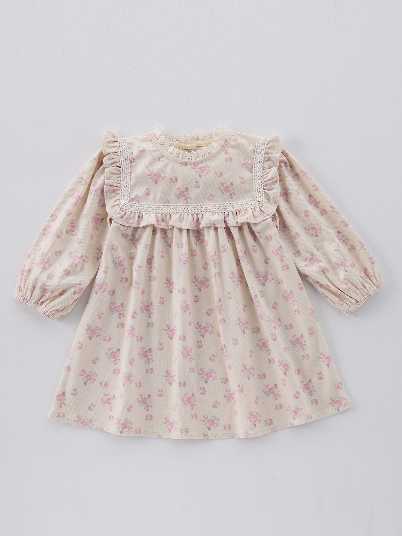 Spring and Autumn Floral Print Long-sleeved Dress with Lace Collar for Stylish Girls