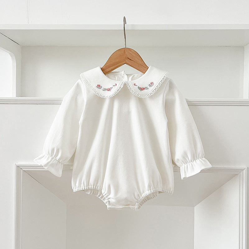 Spring Arrival Baby Girls Long Sleeves Floral Embroidered Peter Pan Collar bodysuit