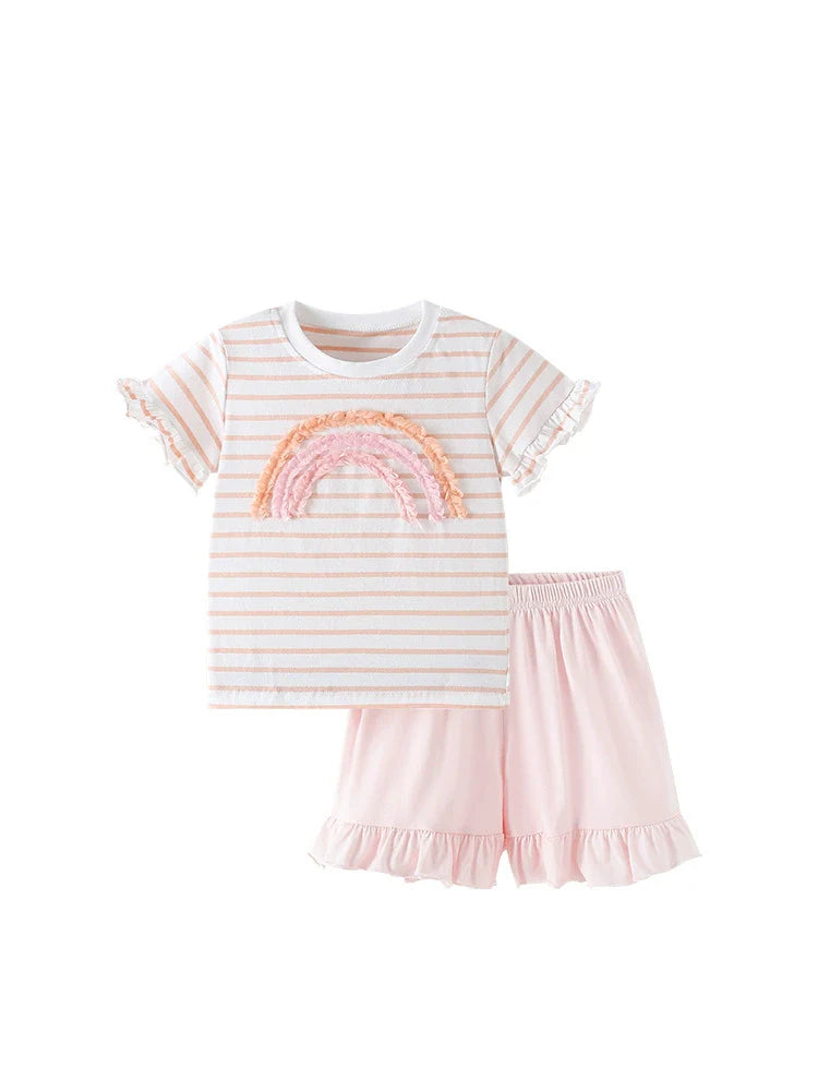 Summer Baby Kids Rainbow Pattern Striped T-shirt and Pink Shorts Clothing Set for Girls